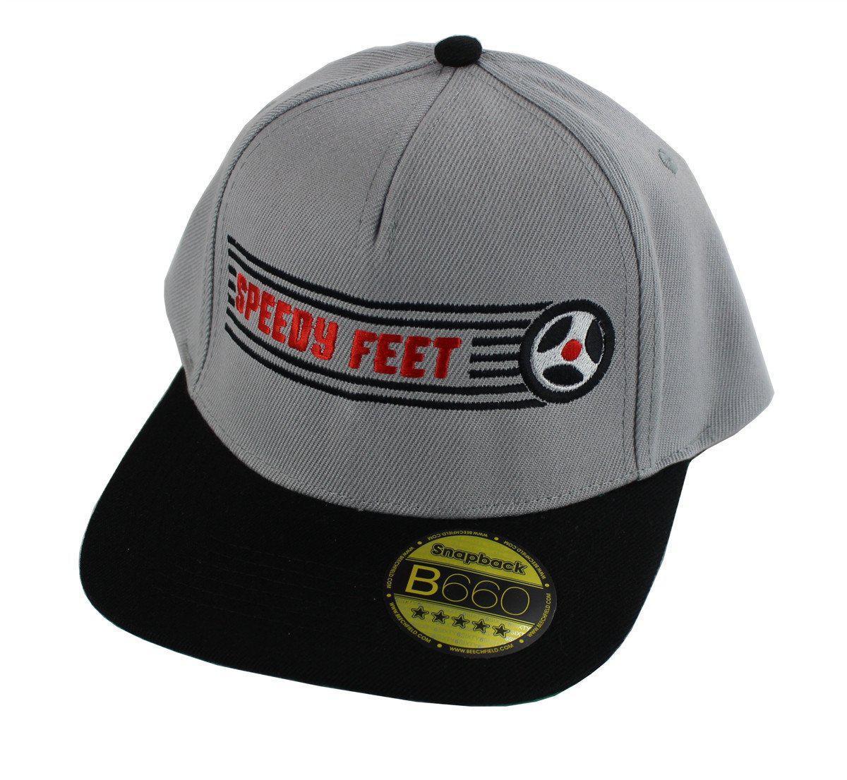 SpeedyFeet Snapback Cap - Grey with Black / Red Logo / Black wheel